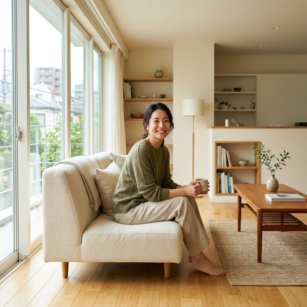 Happy customer relaxing in a spotlessly clean Tokyo apartment